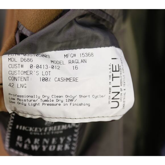 Hickey Freeman Raglan Camel Brown 100% Cashmere Top Coat Overcoat 42L - Picture 10 of 10